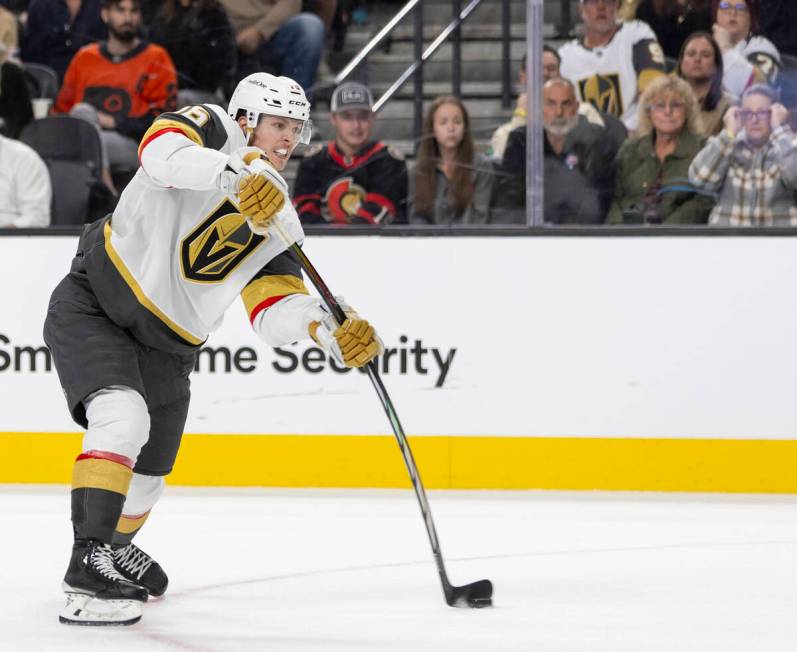 Golden Knights left wing Pavel Dorofeyev (16) shoots the puck during the third period of the NH ...