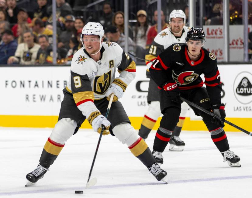 Golden Knights center Jack Eichel (9) skates with the puck during the third period of the NHL h ...