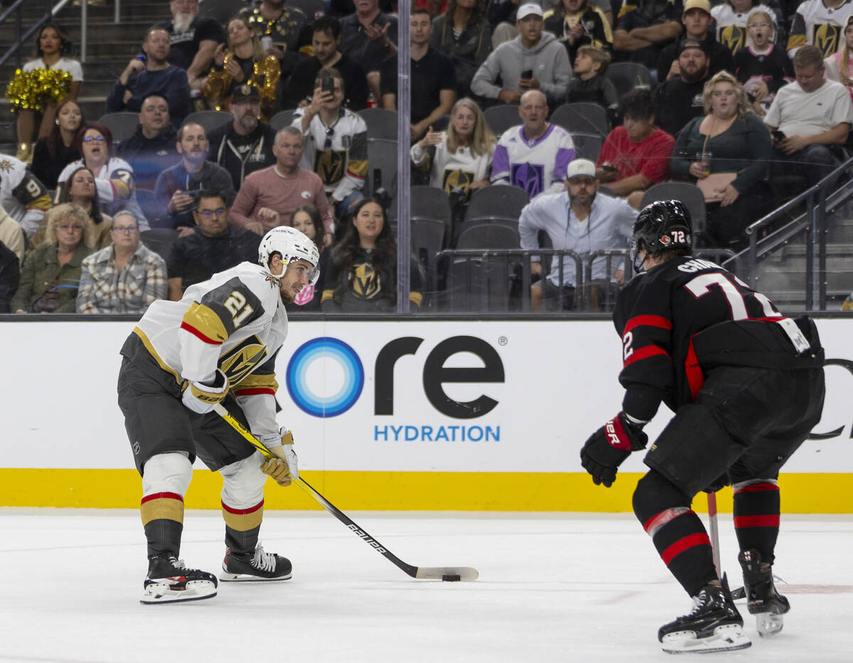 Golden Knights center Brett Howden (21) looks to shoot the puck during the NHL hockey game agai ...