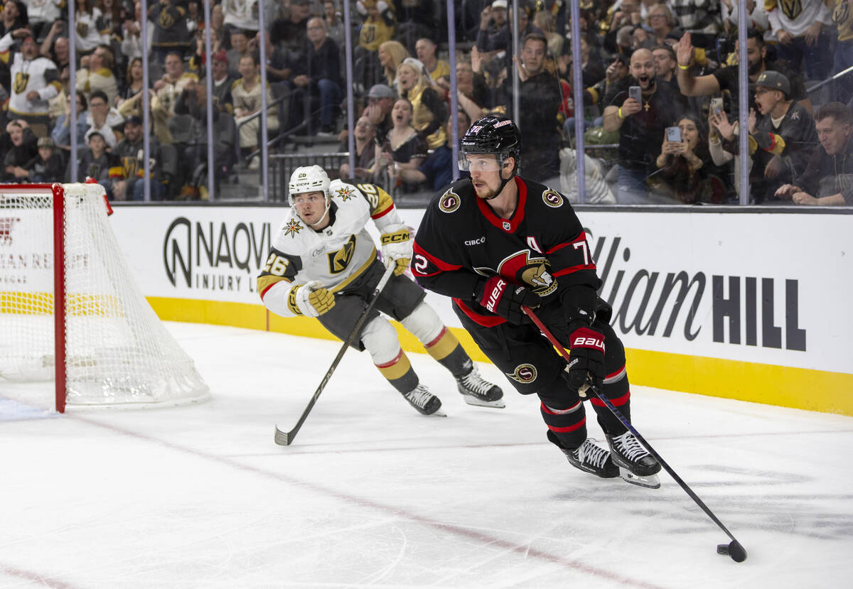 Ottawa Senators defenseman Thomas Chabot (72) skates away from Golden Knights right wing Alexan ...