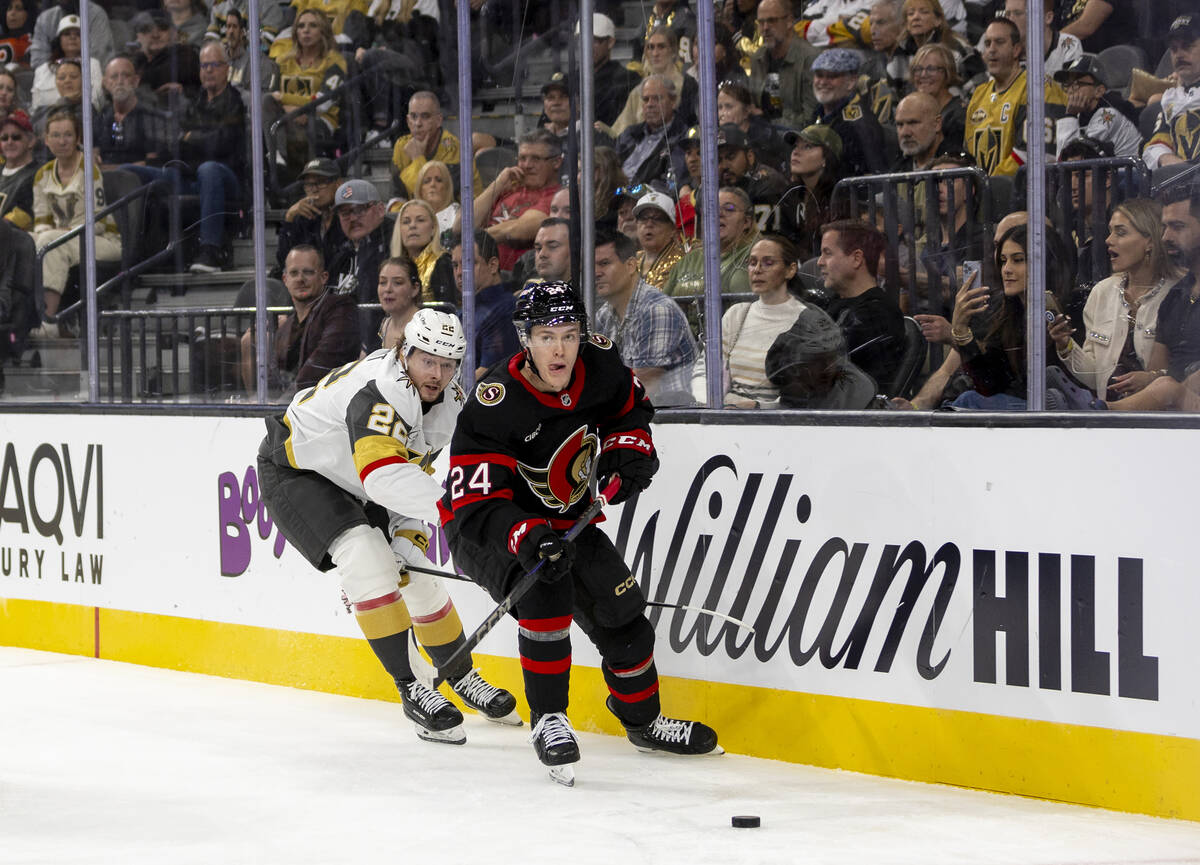 Ottawa Senators defenseman Jacob Bernard-Docker (24) and Golden Knights right wing Cole Schwind ...