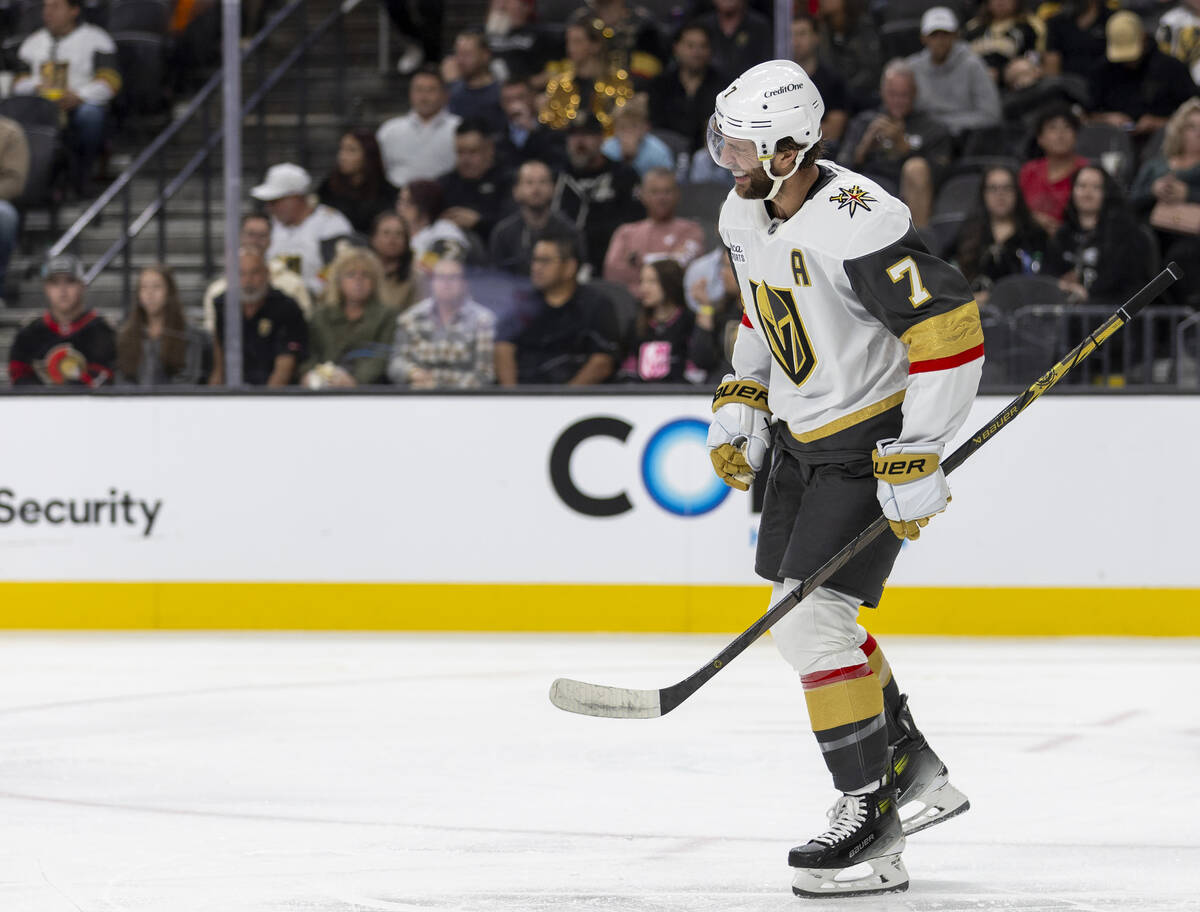 Golden Knights defenseman Alex Pietrangelo (7) winces after blocking a shot during the NHL hock ...