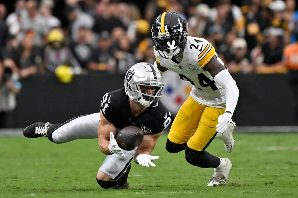 Las Vegas Raiders wide receiver Alex Bachman, bottom, catches a pass in front of Pittsburgh Ste ...