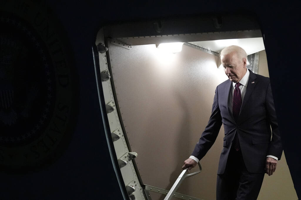 President Joe Biden, arrives on Air Force One in Philadelphia, Friday, Oct. 25, 2024. (AP Photo ...