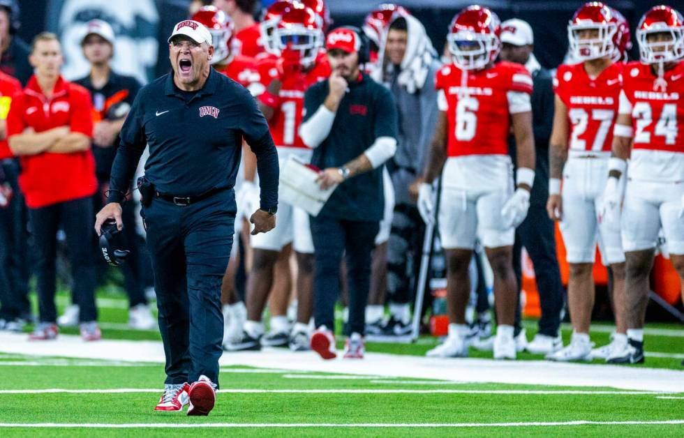 UNLV head coach Barry Odom emphasizes his point to a referee against the Boise State Broncos du ...