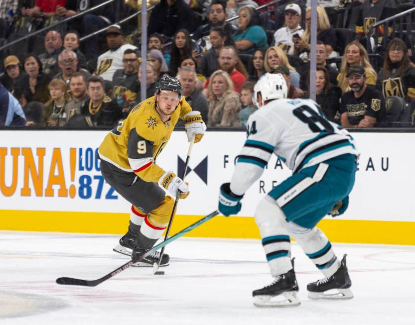 Golden Knights center Jack Eichel (9) skates with the puck during the first period of the NHL h ...