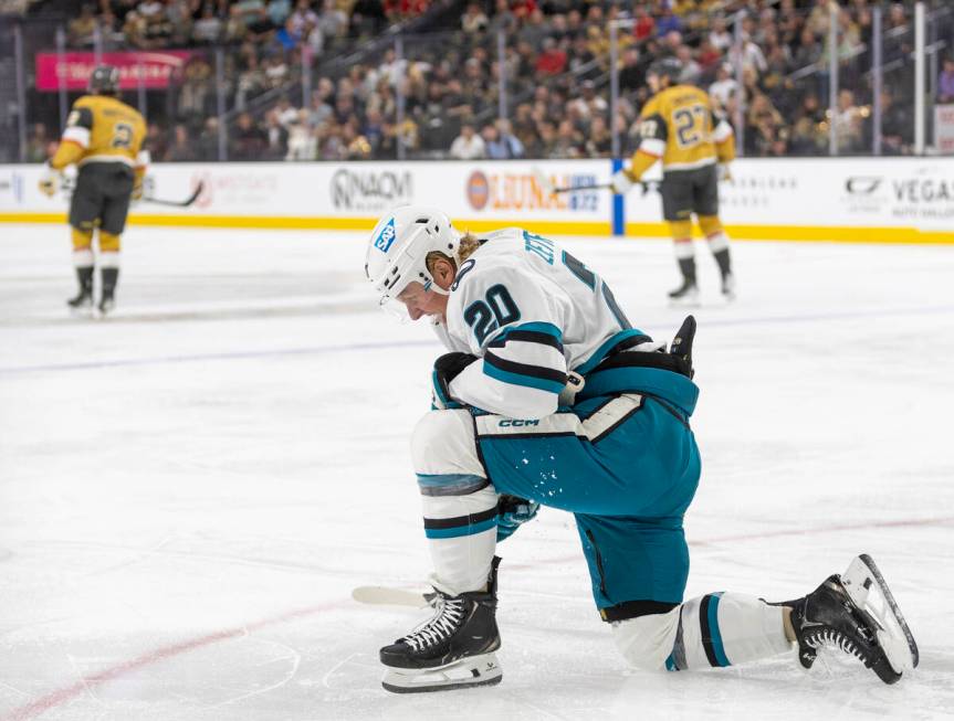 San Jose Sharks left wing Fabian Zetterlund (20) kneels down after blocking a shot during the f ...