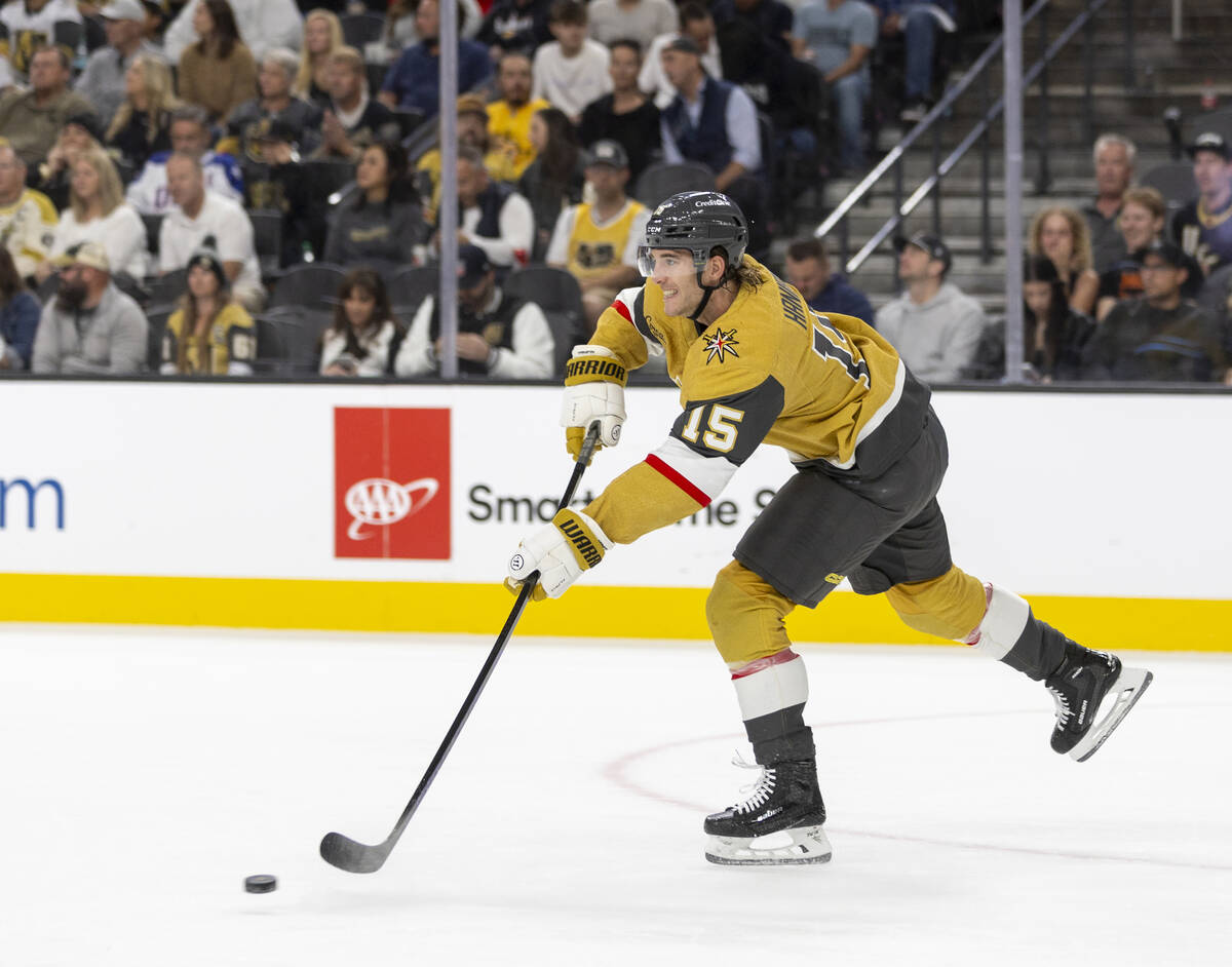 Golden Knights defenseman Noah Hanifin (15) passes the puck during the second period of the NHL ...