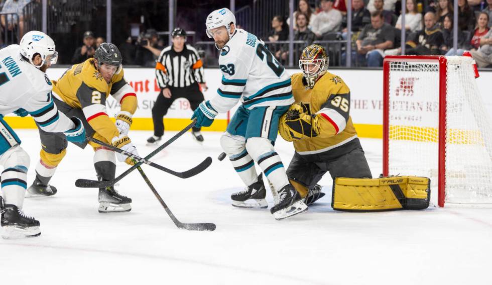 Golden Knights goaltender Ilya Samsonov (35) looks to block a shot during the second period of ...