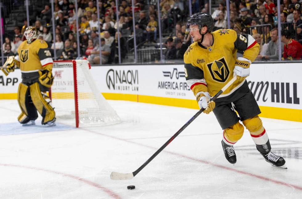 Golden Knights center Jack Eichel (9) skates with the puck during the second period of the NHL ...