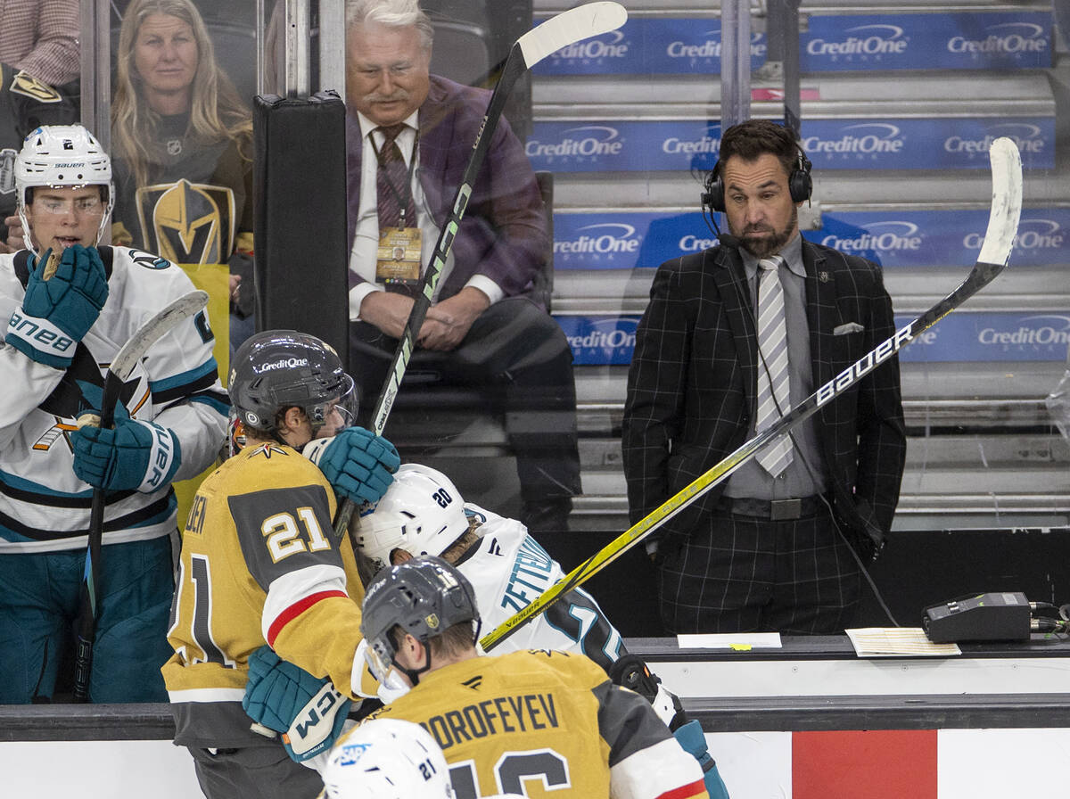 Color commentator Shane Hnidy reacts as sticks fly nearby while reporting between the team benc ...