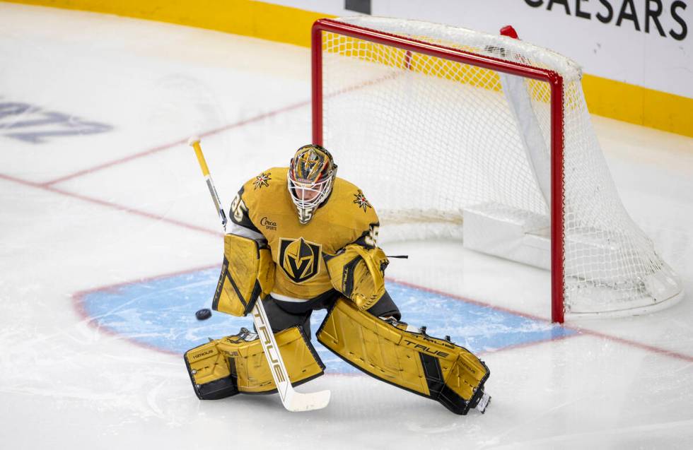 Golden Knights goaltender Ilya Samsonov (35) blocks a shot during the third period of the NHL h ...