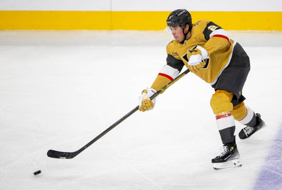 Golden Knights defenseman Zach Whitecloud (2) passes the puck during the third period of the NH ...