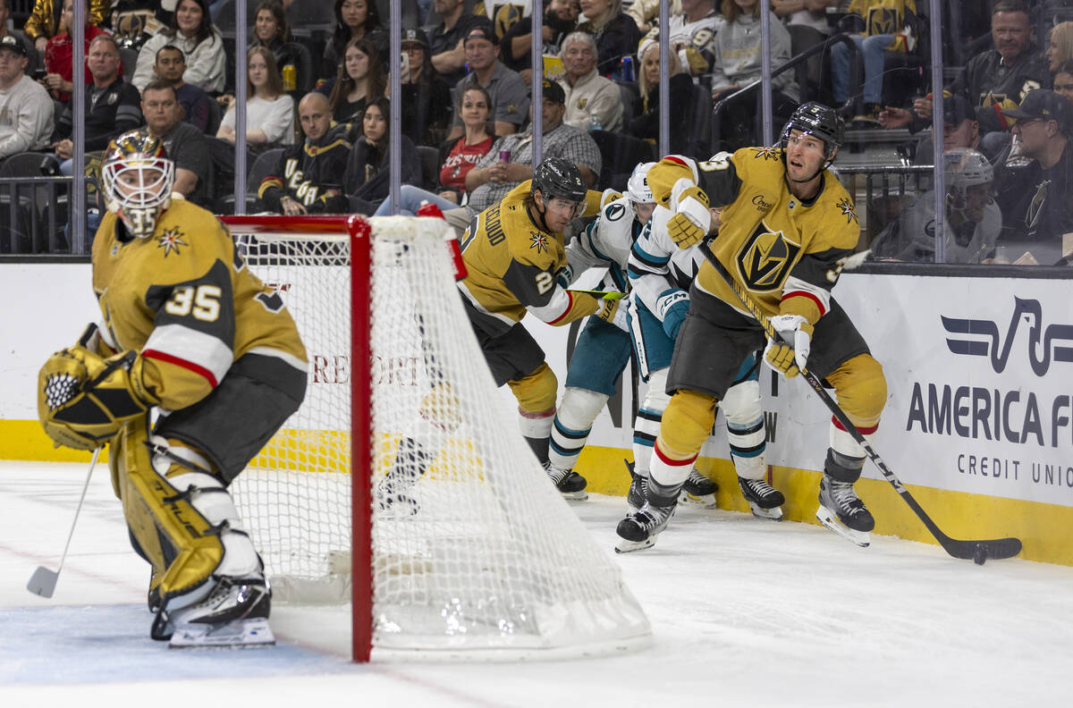 Golden Knights defenseman Brayden McNabb (3) looks to pass the puck during the second period of ...