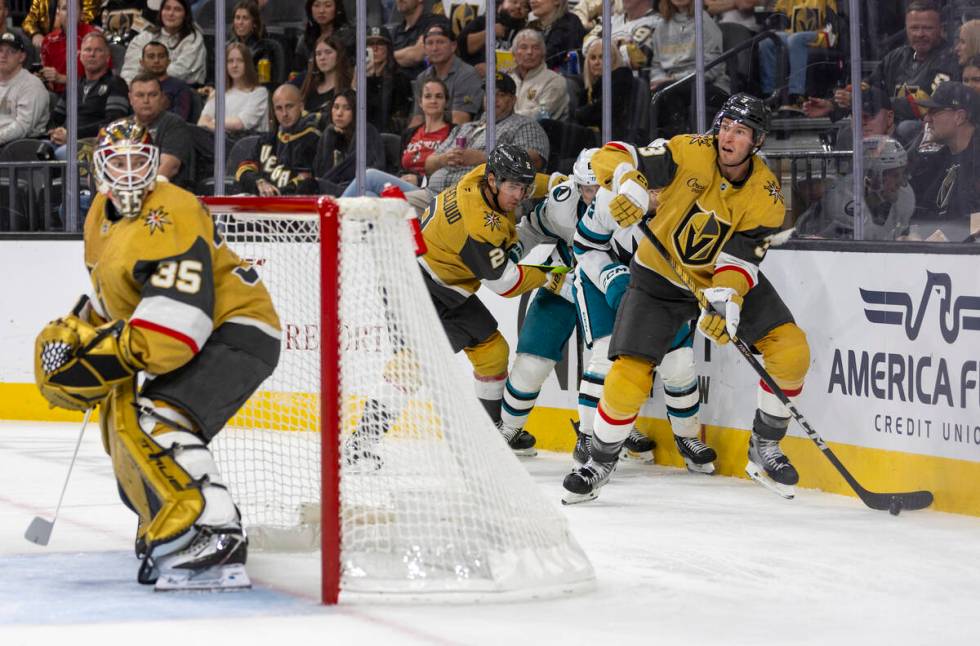 Golden Knights defenseman Brayden McNabb (3) looks to pass the puck during the second period of ...