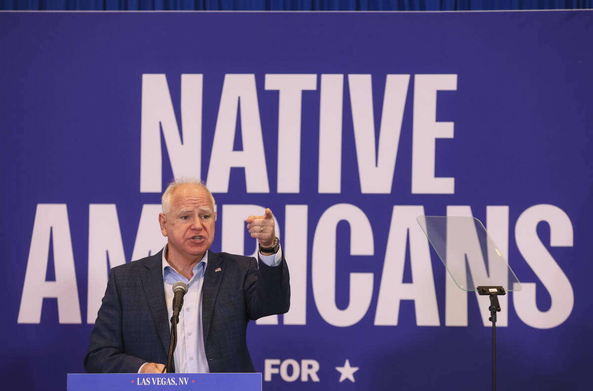 Democratic vice presidential candidate Tim Walz addresses the crowd at a "Native Americans ...