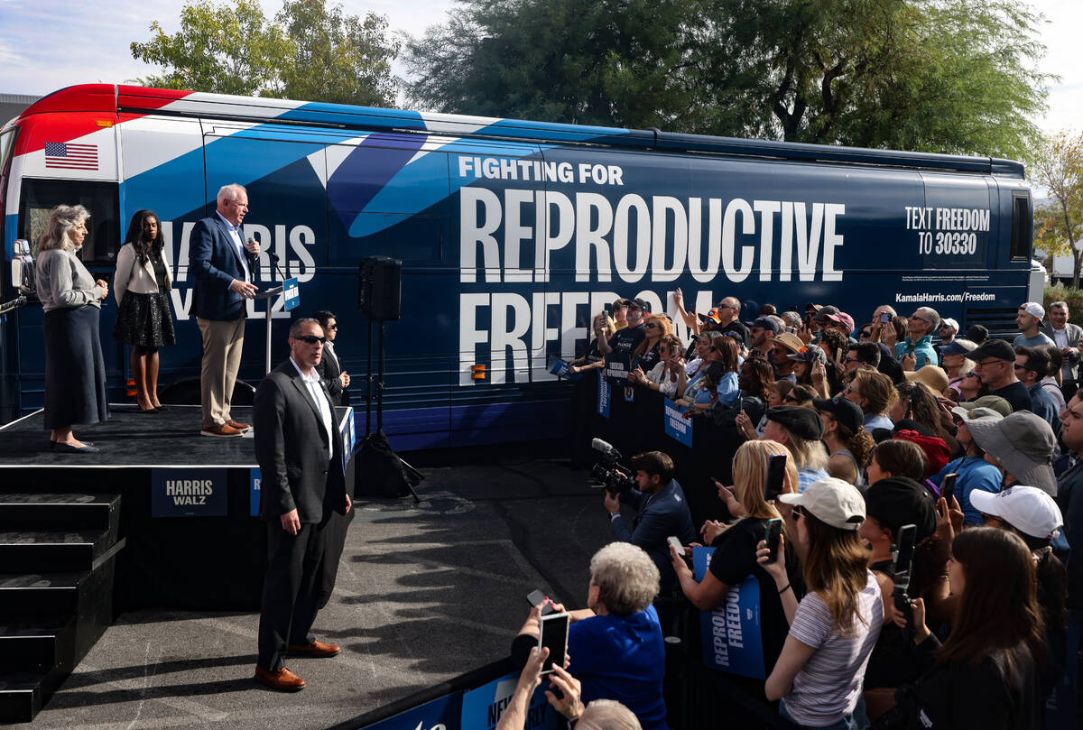 Democratic vice presidential nominee Tim Walz addresses the crowd at a Harris-Walz campaign&#x2 ...