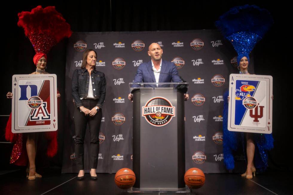 Owner of Position Sports Todd Delano, right, speaks during the announcement of the 2027 Hall of ...