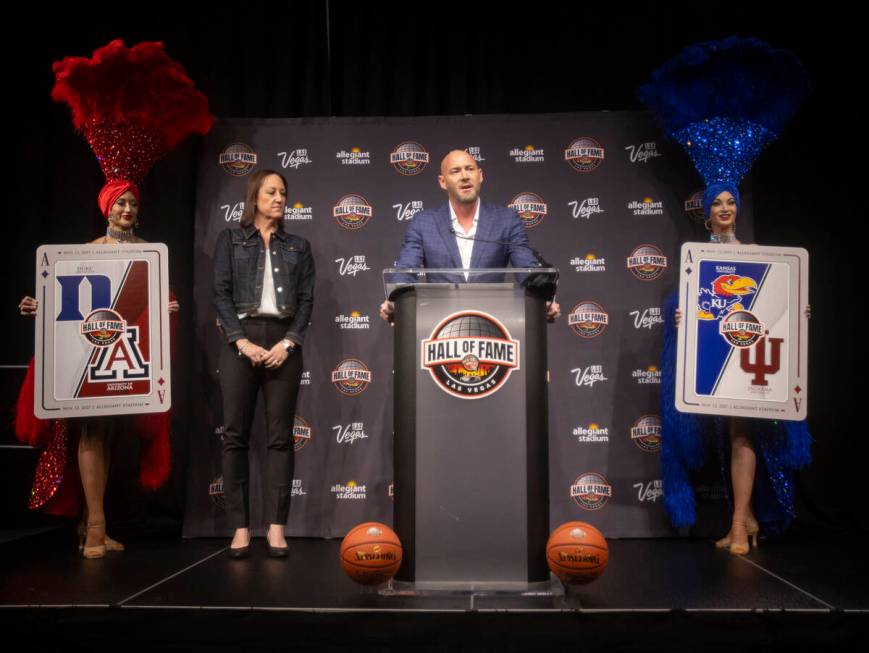 Owner of Position Sports Todd Delano, right, speaks during the announcement of the 2027 Hall of ...