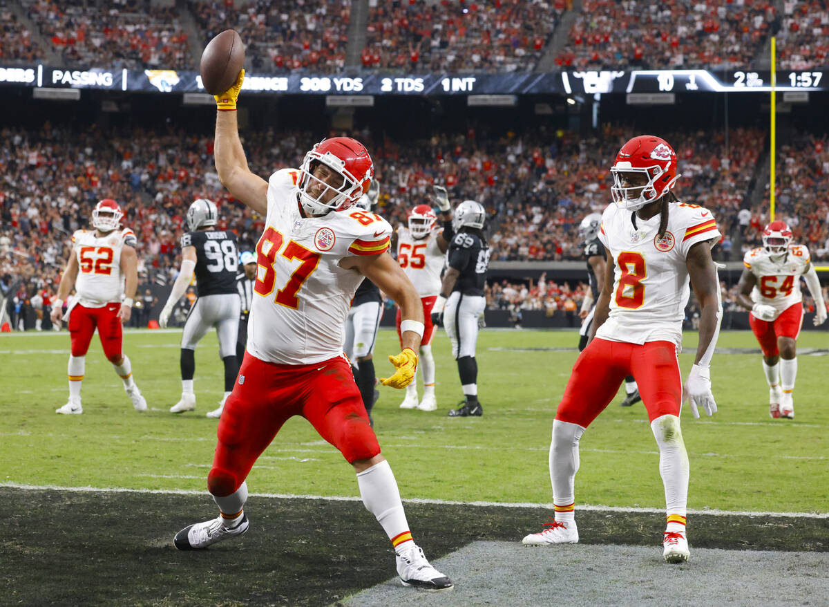 Kansas City Chiefs tight end Travis Kelce (87) reacts after scoring a touchdown during the firs ...