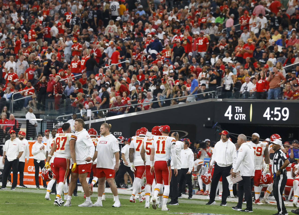 Kansas City Chiefs fans watch an NFL game against Raiders at Allegiant Stadium, on Sunday, Oct. ...