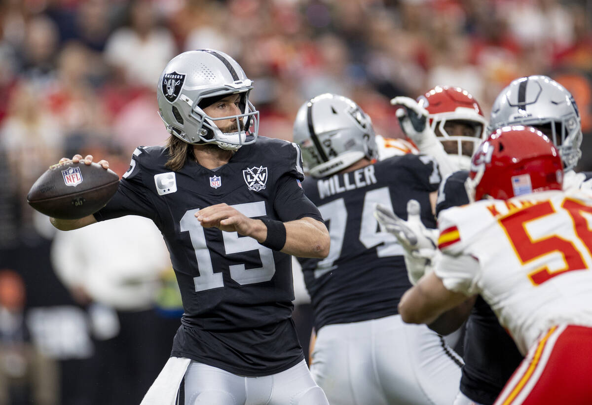 Raiders quarterback Gardner Minshew (15) looks to pass the ball during the first half of the NF ...