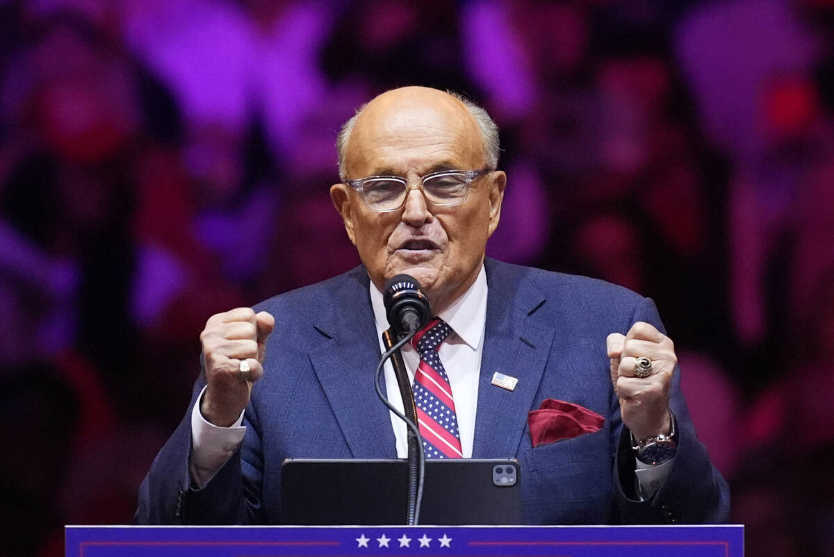 Rudy Giuliani speaks before Republican presidential nominee former President Donald Trump speak ...