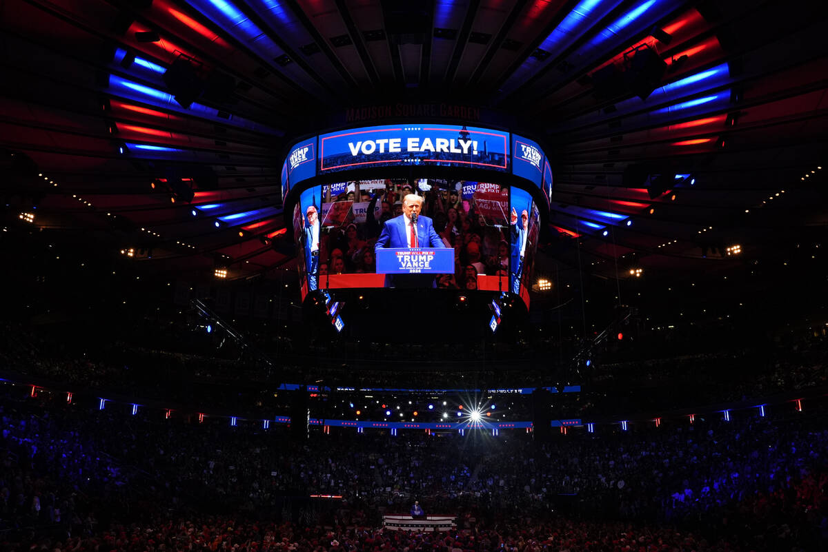 Republican presidential nominee former President Donald Trump speaks at a campaign rally at Mad ...