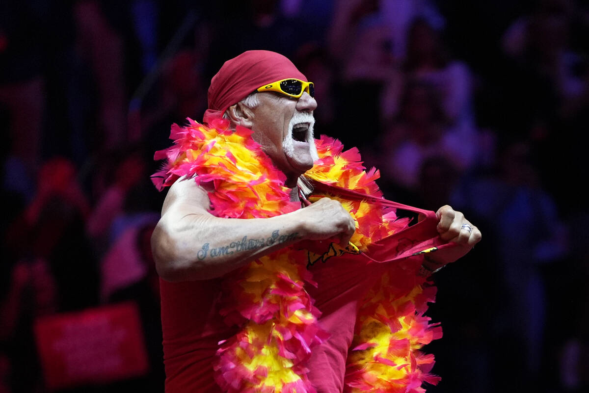 Hulk Hogan rips his shirt at a campaign rally for Republican presidential nominee former Presid ...