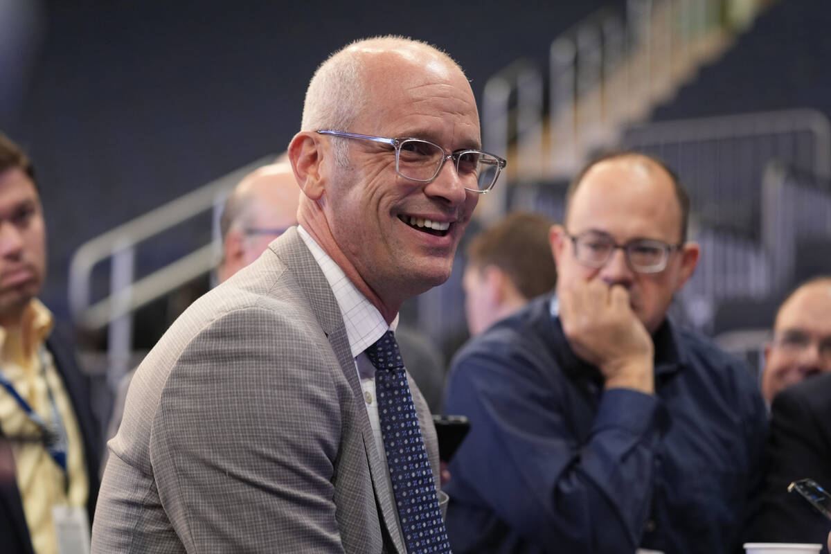 FILE -UConn head coach Dan Hurley talks to reporters during the Big East NCAA college basketbal ...