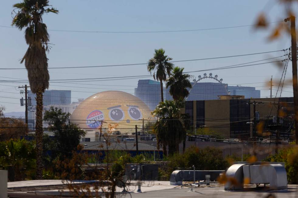 The Emoji is displayed on the Sphere on a windy Monday afternoon, Oct. 28, 2024, in Las Vegas. ...