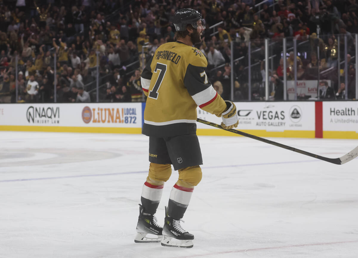 Golden Knights defenseman Alex Pietrangelo (7) reacts after scoring against the Calgary Flames ...