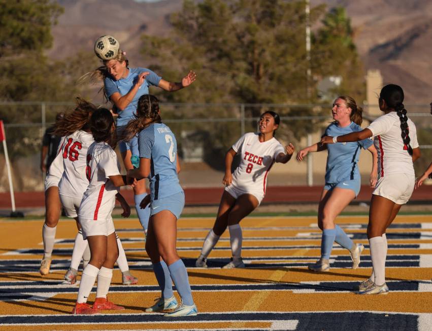 Foothill High School’s Tianna Hunsaker (9) heads the ball towards the goal against South ...