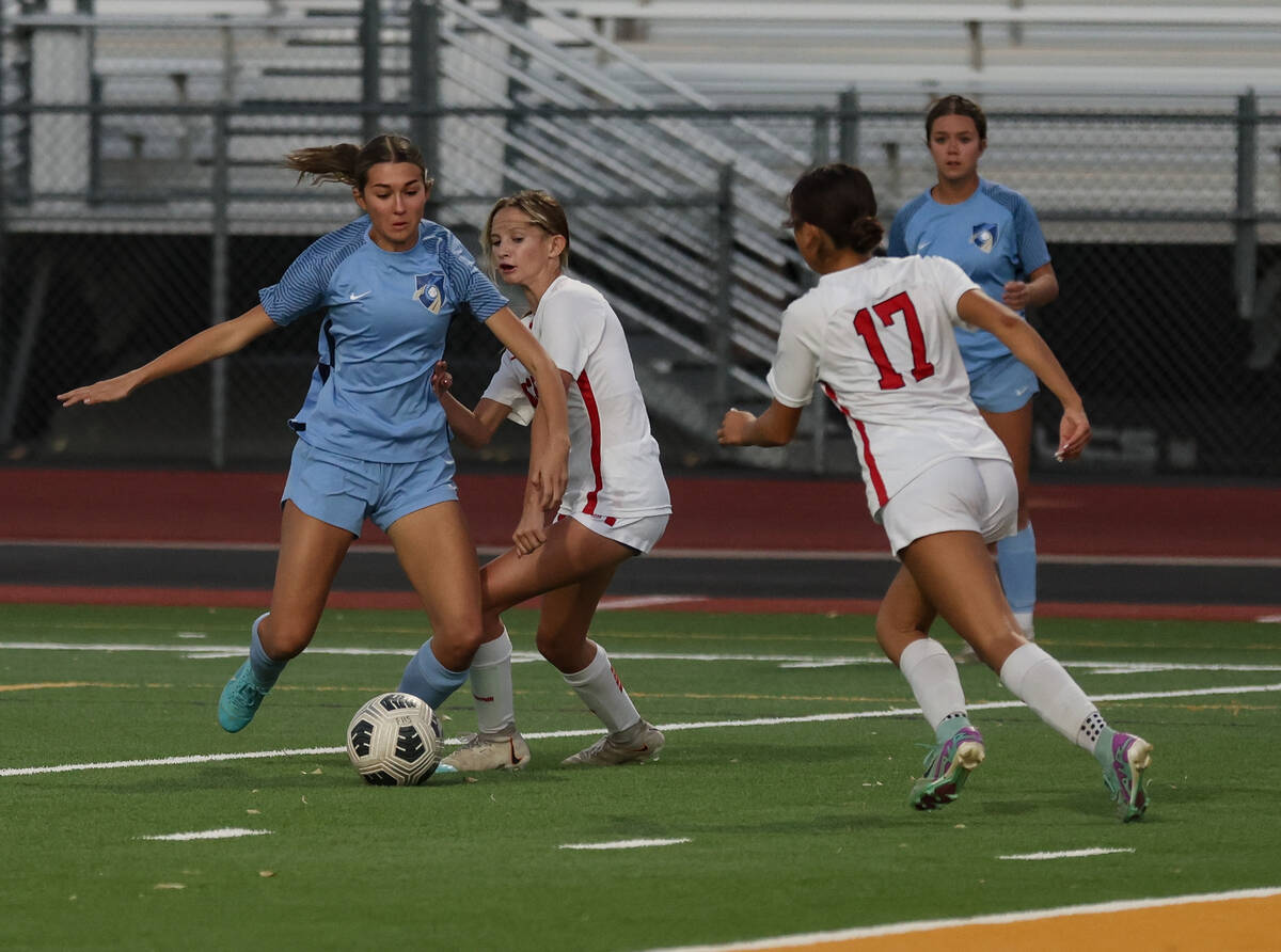 Foothill High School’s Hailey Lobanoff (12) pushes past Southeast Career Technical Acade ...