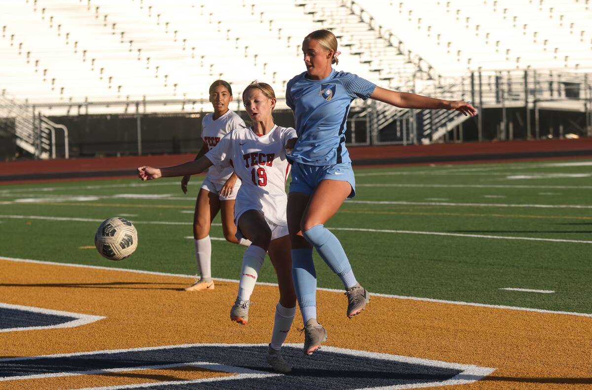 Foothill High School’s Jensen Schultz (15) steals the ball from Southeast Career Technical Ac ...