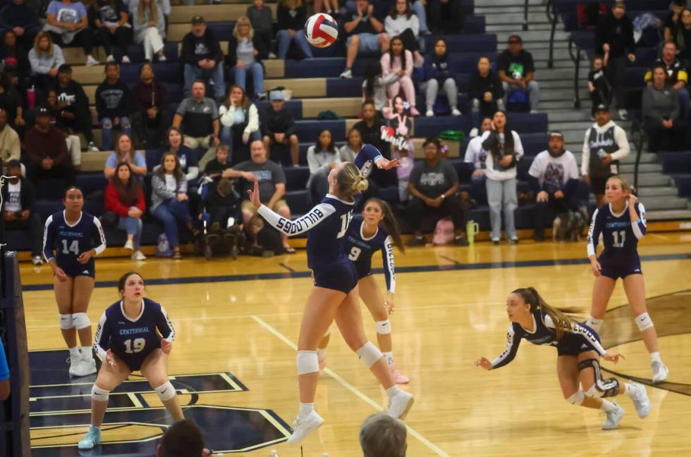 Centennial outside hitter Abby Vlaming (10) lines up a shot against Shadow Ridge during a Class ...