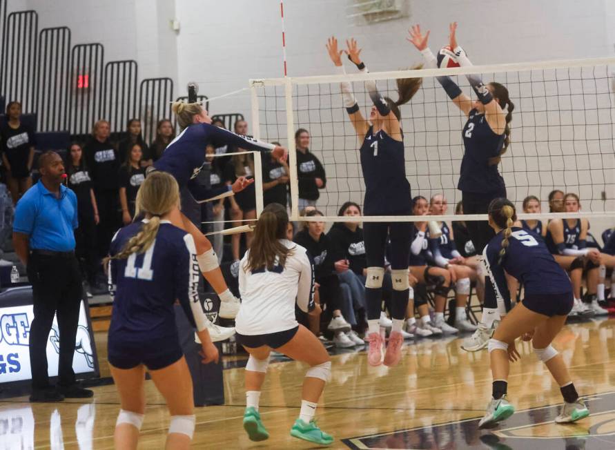 The ball from Centennial gets past Shadow Ridge’s Hadley Whipple (2) during a Class 5A S ...