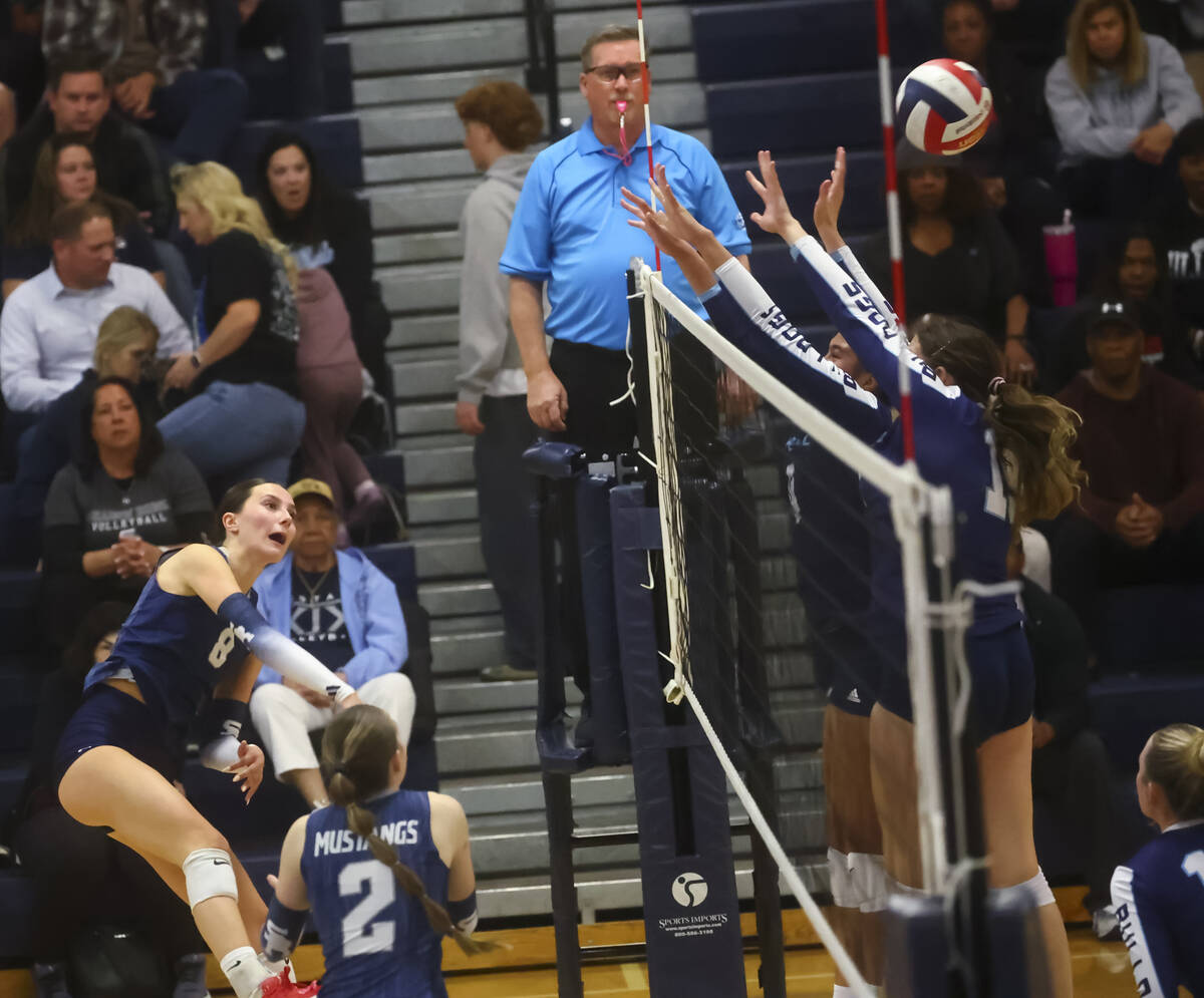 Shadow Ridge setter Joli Salazar (8) gets the ball past Centennial defenders during a Class 5A ...