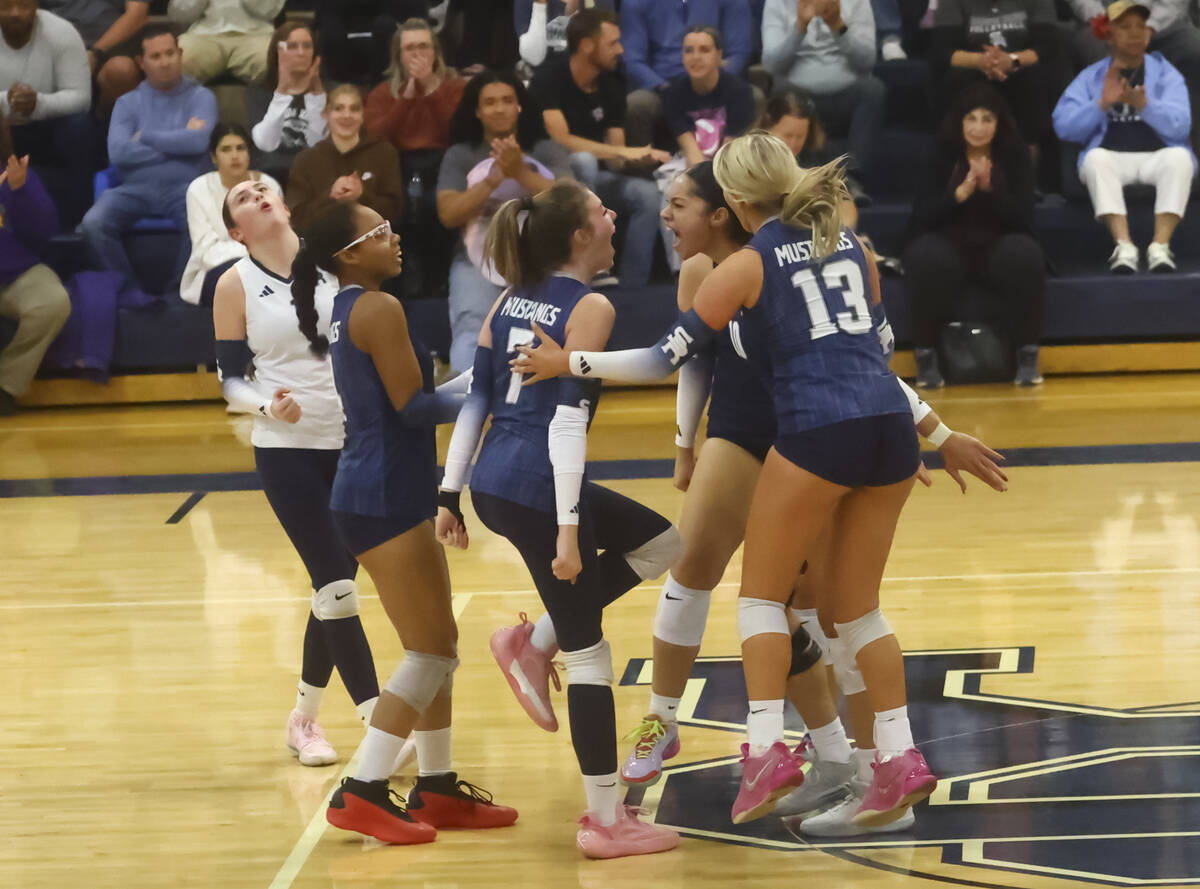 Shadow Ridge players celebrate after a play against Centennial during a Class 5A Southern Regio ...