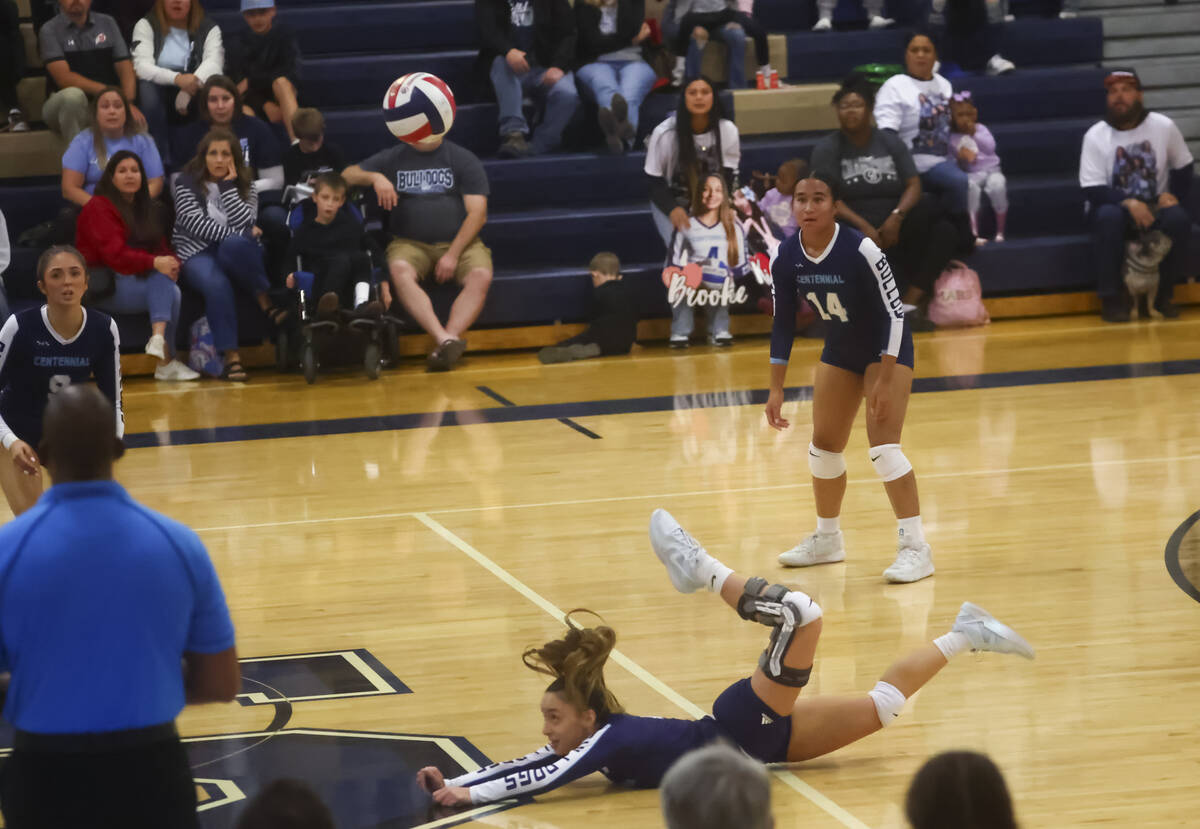 Centennial’s Brooke Cummings (4) makes a save against Shadow Ridge during a Class 5A Sou ...