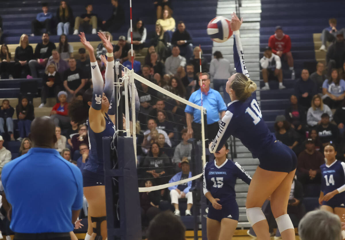 Centennial outside hitter Abby Vlaming (10) spikes the ball against Shadow Ridge during a Class ...