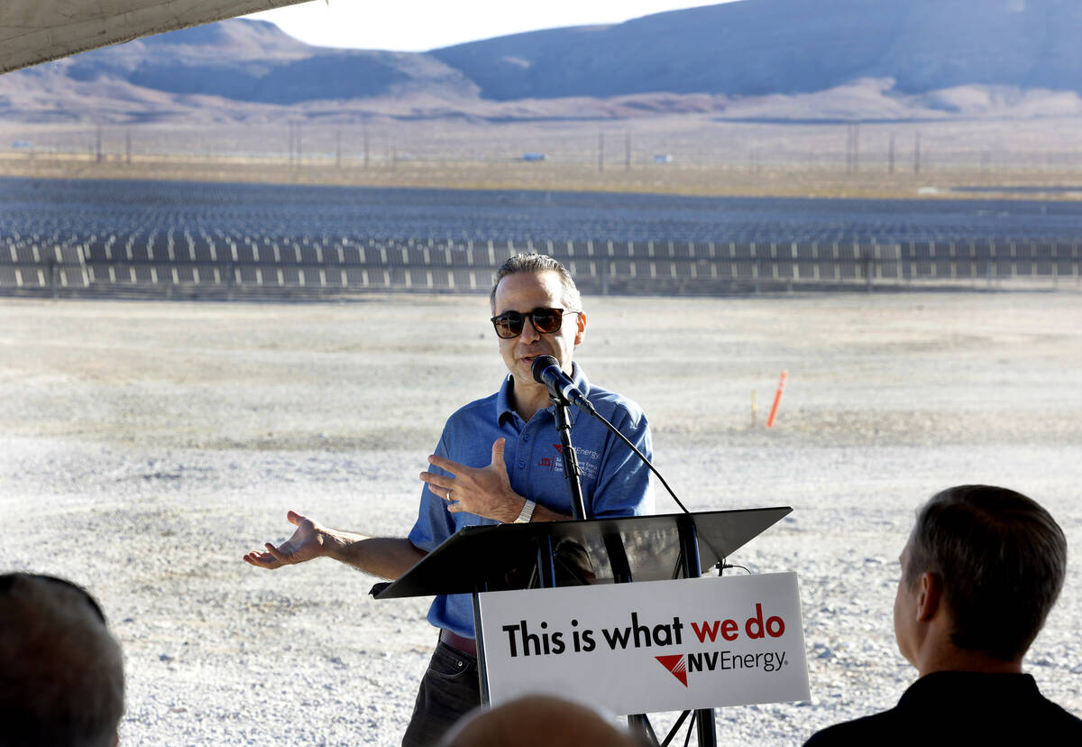 Jimmy Daghlian, VP, renewables NV Energy, speaks at the Harry Allen Power Plant on Tuesday, Oct ...