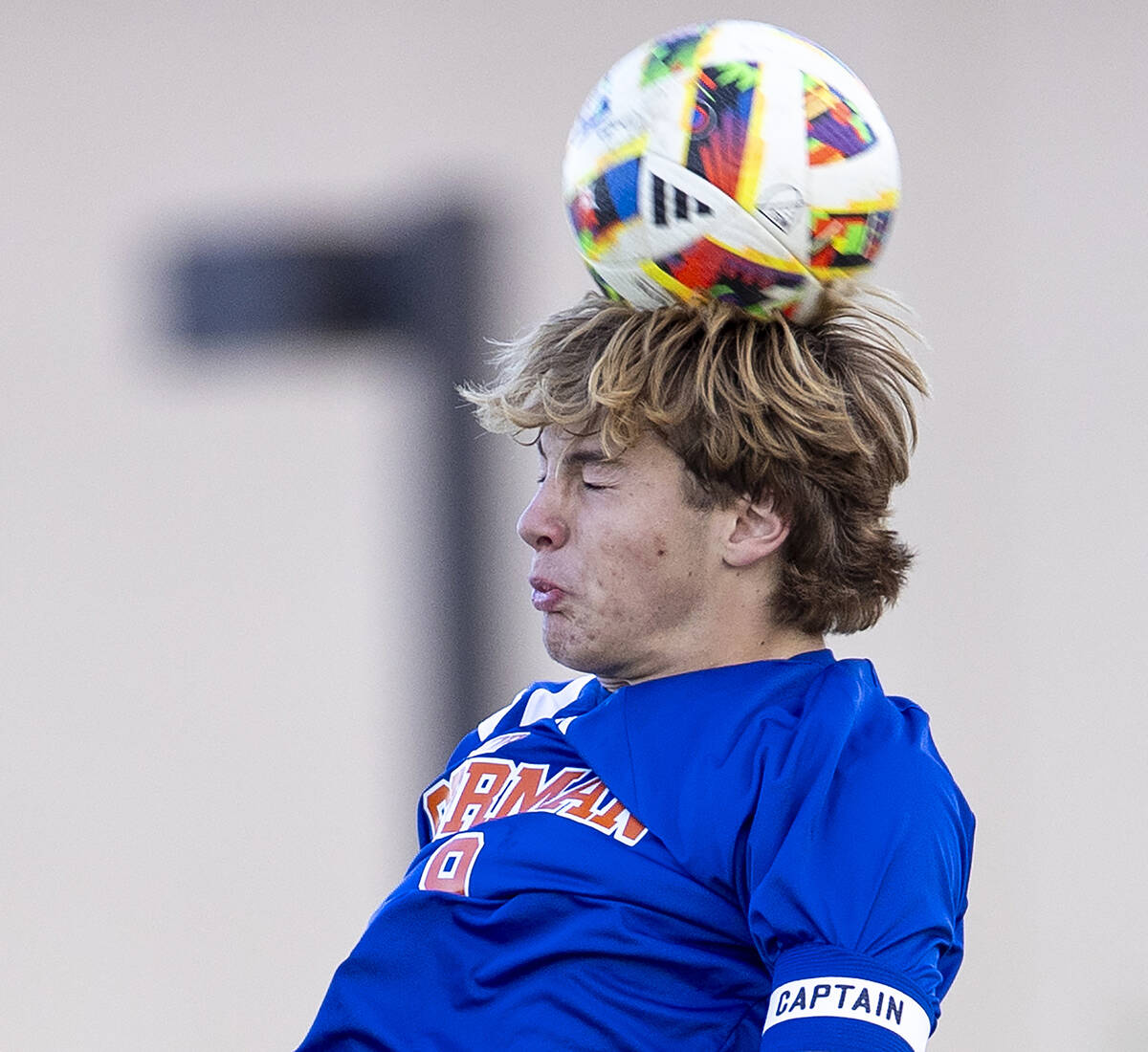 Bishop Gorman forward Chase Stewart (9) headbutts the ball during the Class 5A Southern League ...