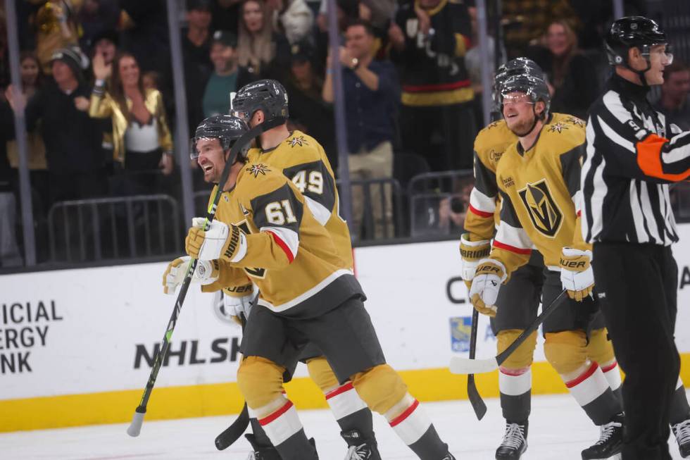 Golden Knights right wing Mark Stone (61) reacts after his goal against the Calgary Flames duri ...