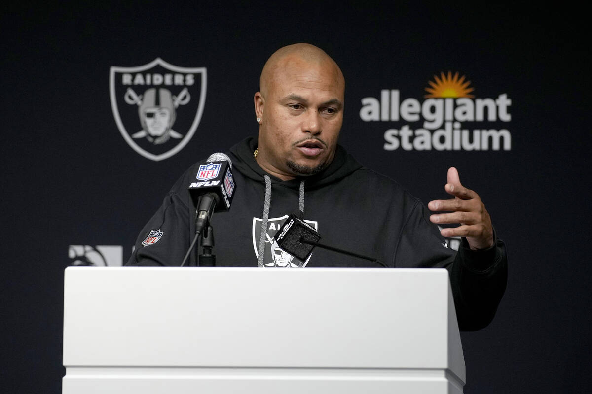 Las Vegas Raiders head coach Antonio Pierce speaks during a news conference following an NFL fo ...