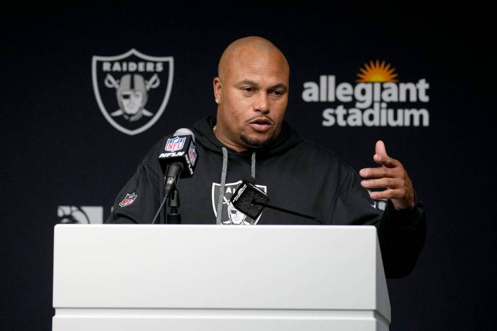 Las Vegas Raiders head coach Antonio Pierce speaks during a news conference following an NFL fo ...