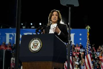 Democratic presidential nominee Vice President Kamala Harris speaks during a campaign event at ...