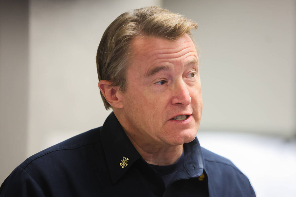 Clark County Fire Chief John Steinbeck speaks to the media at Clark County Fire Station 18 on ...