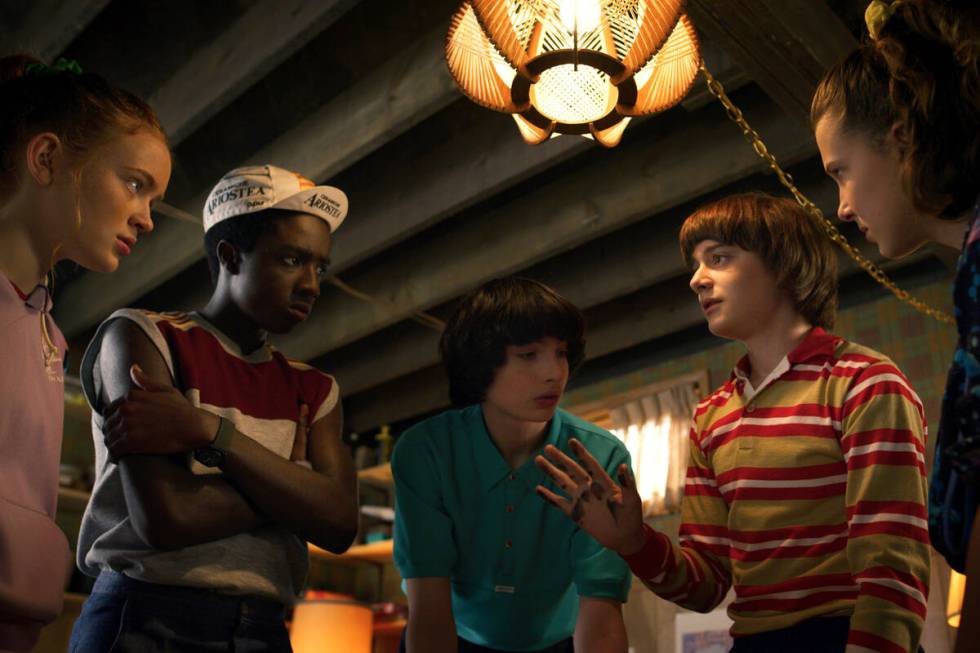 From left, Sadie Sink, Caleb McLaughlin, Finn Wolfhard, Noah Schnapp, Millie Bobby Brown in a s ...