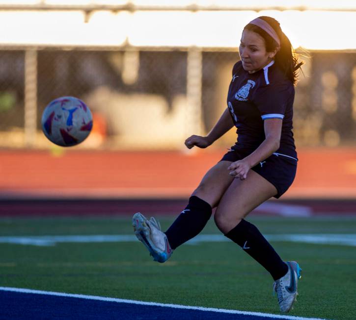 Centennial forward Natalie Sligar (3) takes a shot on goal against Canyon Springs during the fi ...